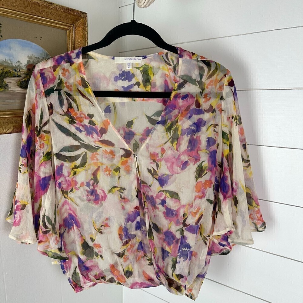 Lavender Brown Silk Floral Sheer Top Flutter Bell Sleeve Feminine Size XS